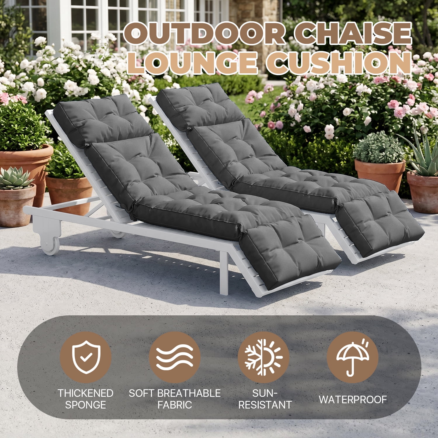 BaPiPro Set of 2 Upgraded 4-Segment Chaise Lounge Cushions, All-Weather Tie Fastened Pads with Plush PP Cotton, for Patio, Poolside & Balcony, Gray