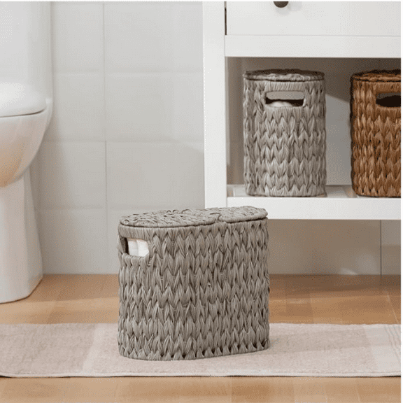 Toilet Paper Storage with Double Lid, Toilet Paper Basket for Storage, Waterproof Toilet Tissue Holder for Bathroom, Freestanding Toilet Paper Storage Basket for 4 Rolls, Grey