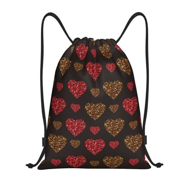 Saiise Gold Glitter Heart Pattern Sports Drawstring Backpack - String Swim Gym Bag with Wet Proof Pocket for Women&Men-Small