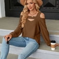 thumbnail image 2 of Top de manga larga con hombros descubiertos para mujer, blusa informal holgada de moda de Color liso con cuello hueco, camisa de Jacquard, color café XXL, 2 of 5
