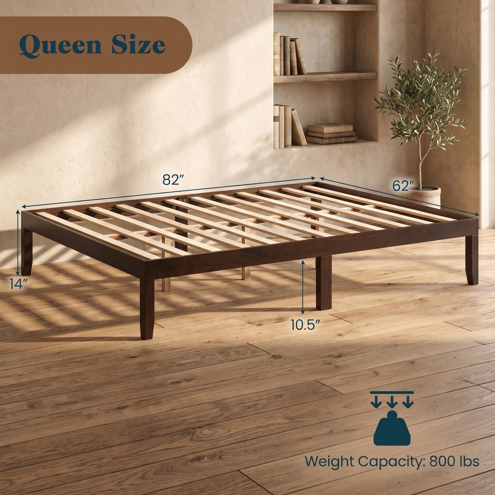 Furnibear Queen Size Bed Frame, Wood Platform Bed Frame with Slat Support and Rubber Wood Legs, Low Profile Queen Platform Bed No Box Spring, Espresso