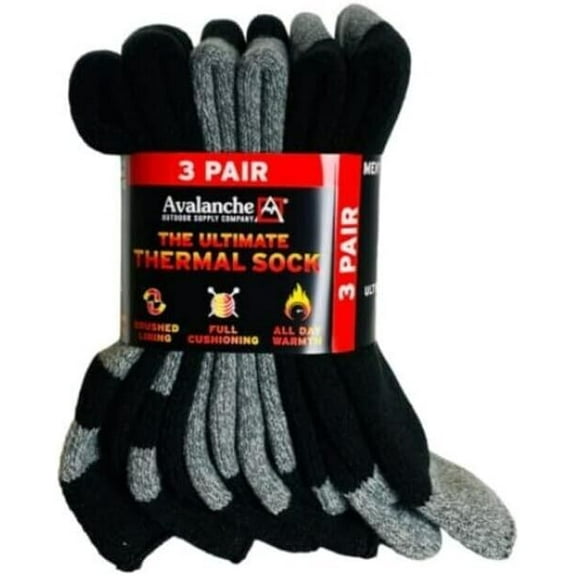 Avalanche Men's Ultimate Winter Thermal Socks 3 Pairs, Black 6-12