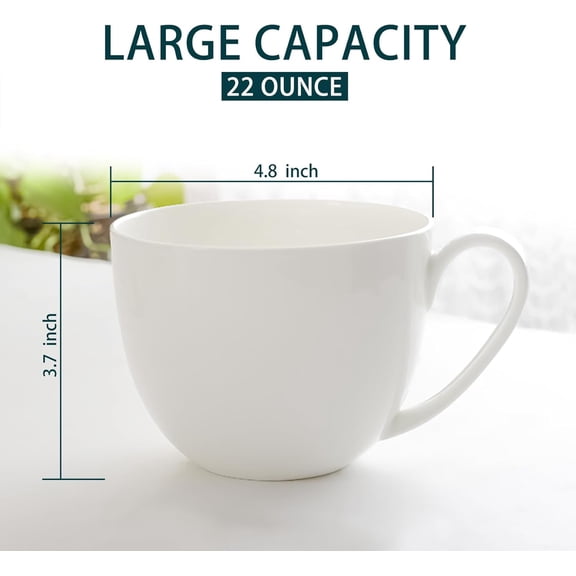 22 OZ Lightweight Bone China Soup Mugs with Handles White Large Ceramic Coffee Mugs Set of 4 for Hot Chocolate Cocoa Cereal Salads Yogurt Milk Latte Cappuccino, Dishwasher Microware Safe