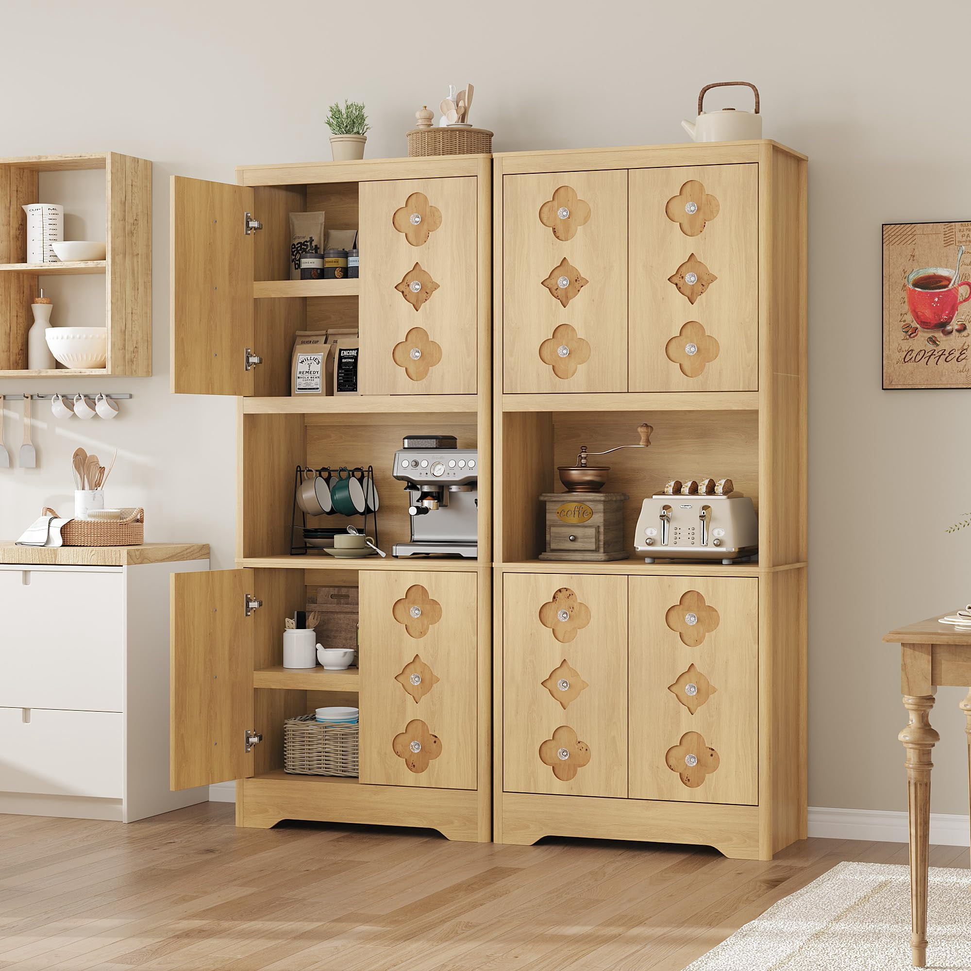 Kitchen Pantry Cabinet, 72" Tall Storage Cabinet with Countertop, Freestanding Wooden Hutch Cupboard with Carved Door & Crystal Handle, for Dining Room, Living Room