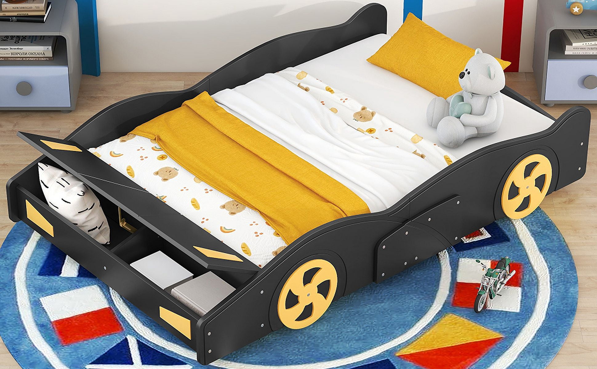 Full Size Platform Bed with Wheels and Storage, Black+Yellow