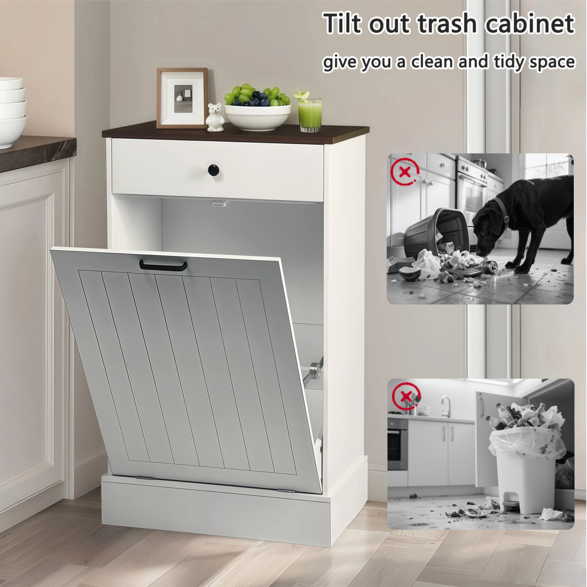 Leumius 10 Gallon Tilt Out Trash Can Cabinet, Hidden Wooden Trash Can Cabinet with Drawer, Free Standing Garbage Cabinet, Farmhouse Laundry Hamper Cabinet for Kitchen Living Room White