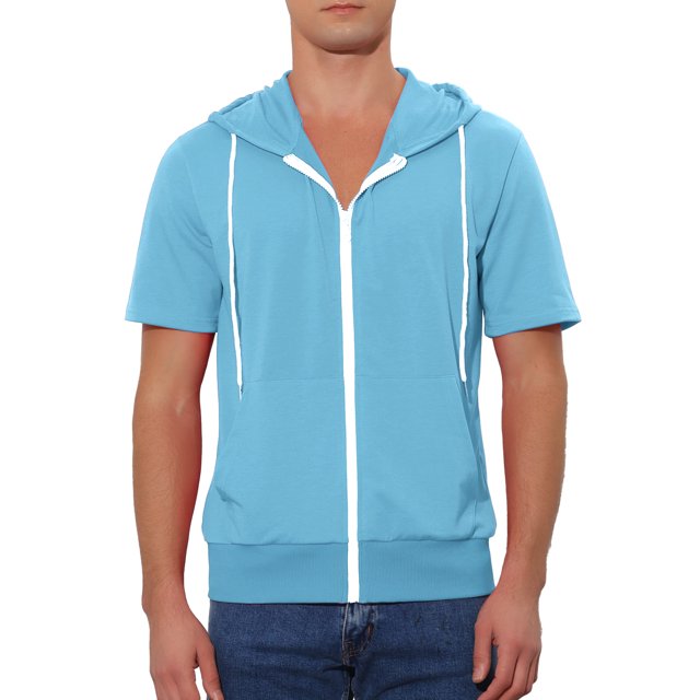 INSPIRAR CHIC Sudaderas de Manga Corta para Hombre con Capucha, Chaquetas con Cremallera de Color Sólido, Azul Claro M