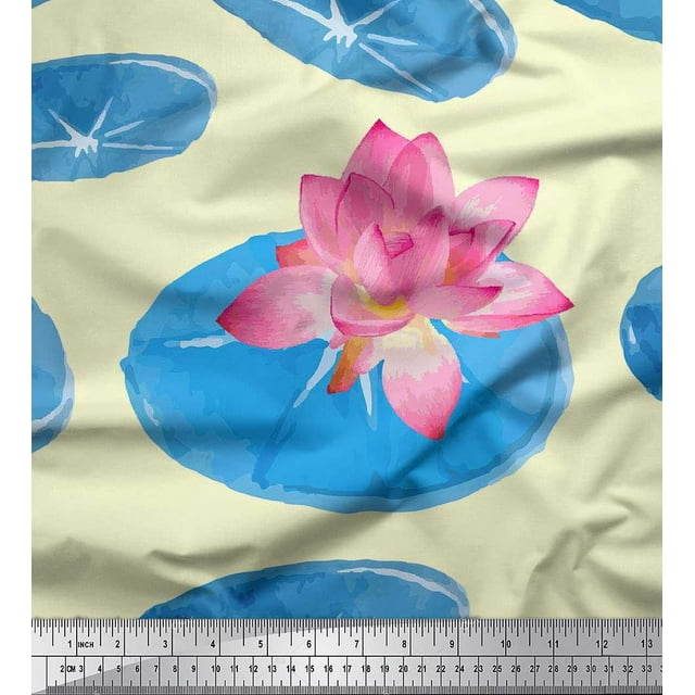 Soimoi Poly Georgette Fabric Leaves & Lotus Flower Printed Fabric 1 Yard 42 Inch Wide