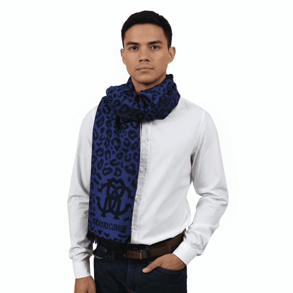 Roberto Cavalli ESZ029 03000 Purple Wool Blend Leopard Print Mens Scarf for mens