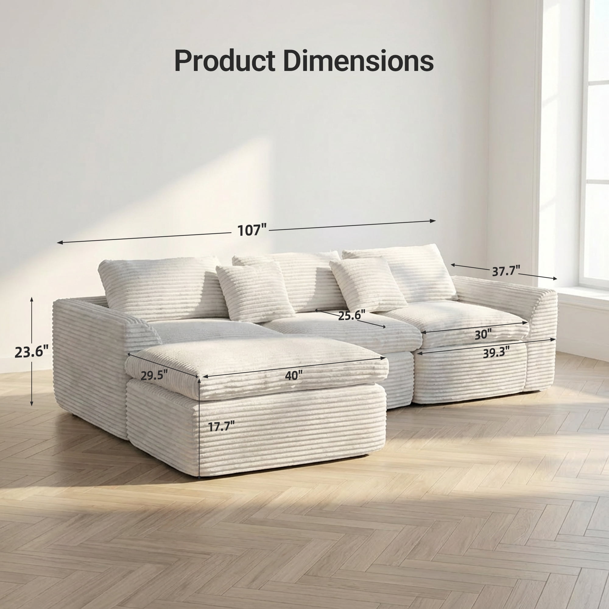 CARZZI 108'' Modular Sectional L-Shaped with Chair,Deep Seat Boneless Corner Couch for Living Room,Plush Corduroy Couch with Detachable Sofa Set,No Assembly(Left Facing Chaise，White)