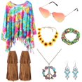 thumbnail image 2 of 7PCS Women Hippie Costume Accessories, 60s 70s Costume Outfit Kit, Including Hippie Tie Dye Poncho, Fringe Boot Covers, Peace Sign Necklace, Turquoise Earrings, Sunglasses, Flower Headband, 2 of 7