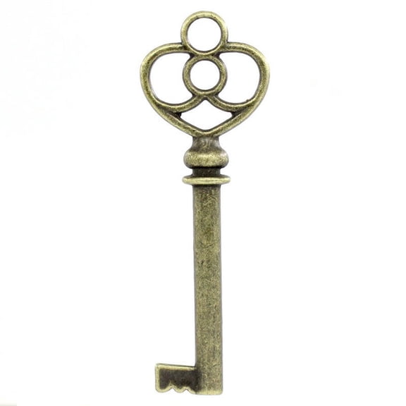 P746 - LARGE - 10 pcs. Antique Bronze Filigree Keys Charms Pendants - 62mm X 21mm (2.44"x 0.83") - Heart Design