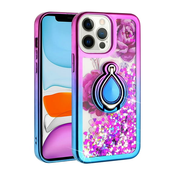 iPhone 13 Pro Max Phone Case, Slim Protective Ring Kickstand Glitter Dual Colors Multi-Function for iPhone 13 Pro Max Phone Case Pink/Blue