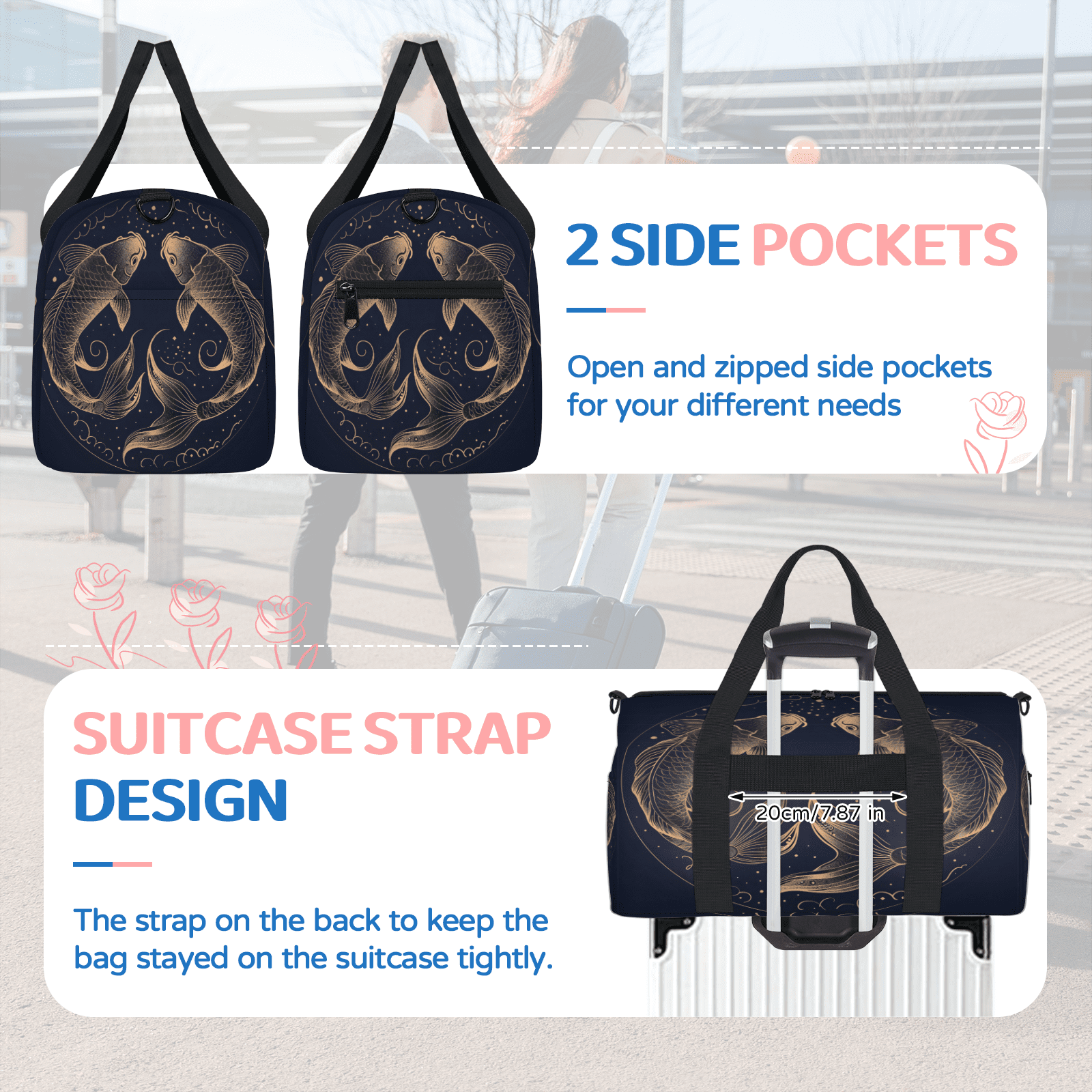 Herdesigns Zodiac Travel Duffle Bag Sports Yoga Weekender Overnight Carry on Workout Bags Lightweight Waterproof Gym Tote Bag for Women Pisces Vintage Fish