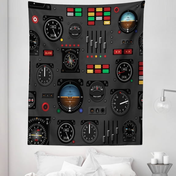Airplane Cockpit Tapestry, Illustration Aircraft Panel Repetitive Pattern Gyroscope Print, Fabric Wall Hanging Decor for Bedroom Living Room Dorm, 5 Sizes, Dark Grey Multicolor, by Ambesonne