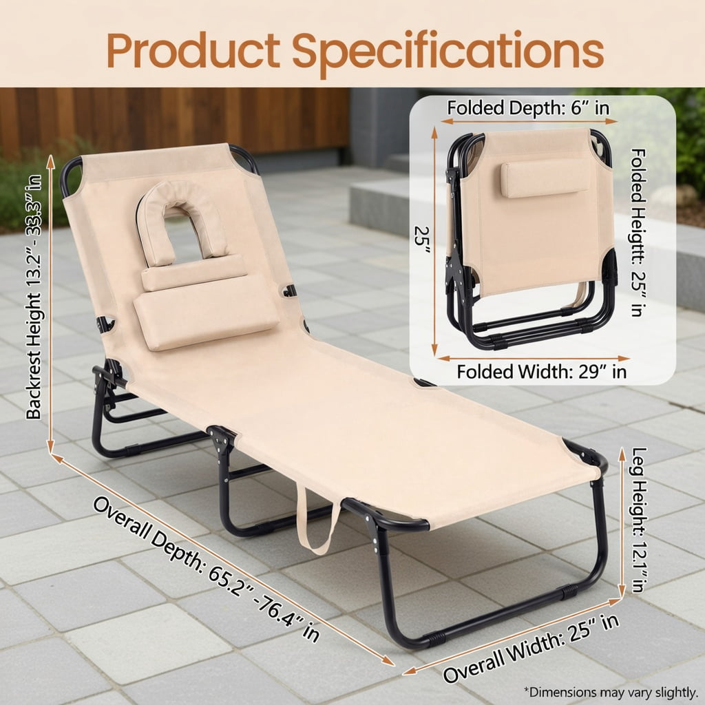 Hommoo Portable Folding Face-Down Tanning Chair with Adjustable Backrest, 3 Removable Pillows & Face Hole, Beige