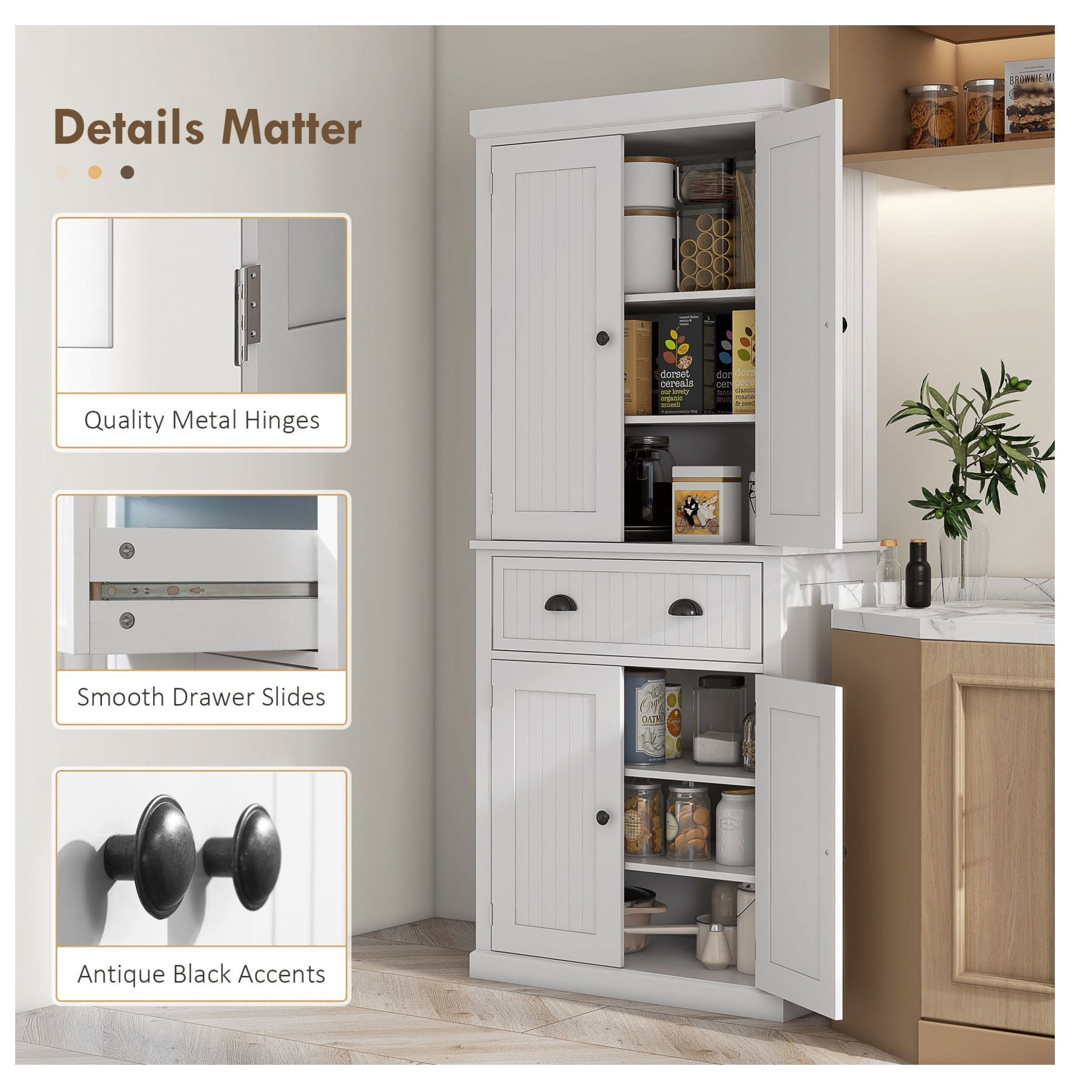 Kitchen Pantry Cabinet, 72" Freestanding Storage Cupboard with Drawer & Adjustable Shelves - White