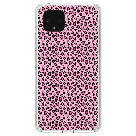 DistinctInk Clear Shockproof Hybrid Case for Google Pixel 4 XL (6.3" Screen) - TPU Bumper, Acrylic Back, Tempered Glass Screen Protector - Black Pink Leopard Skin Spots