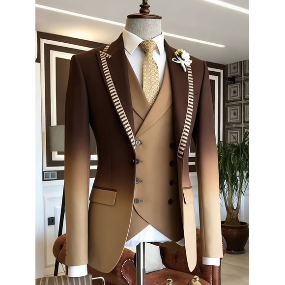 Men's Gradient Brown Ombre Blazer, Slim Fit Single-Breasted Suit Jacket with Striped Lapel for Wedding & Formal Events