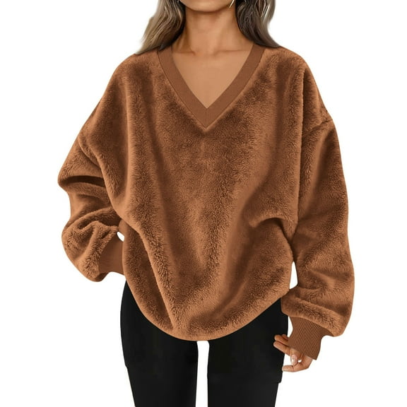 ZHYou Fleece Plush Sweatshirts for Women Oversized V Neck Soft Warm Sweaters for Fall Winter,Brown,Size M