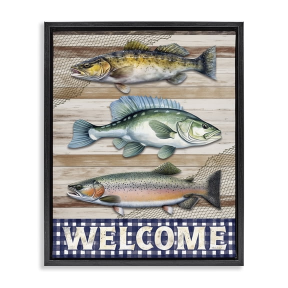 Stupell Industries Welcome with Rustic Fish Animals Painting Black Floater Framed Canvas Art Print Wall Art, 17 x 21