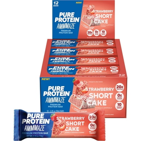 Pure Protein AMMMAZE Strawberry Shortcake Protein Bars (12 ct) 20g High Protein, No Added Sugar - Strawberry Meal Replacement Bar - On the Go Snacks