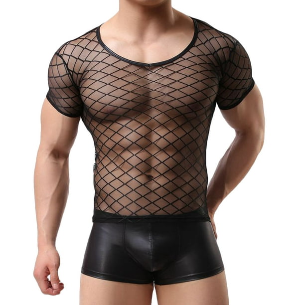Winter Savings Clearance! PEZHADA Mens Tops,Men Sexy Lingerie Round Neck  Short Sleeve Vest Sexy Breathable Mesh See-through Underwear T-Shirts  Blouses Tops Black L 