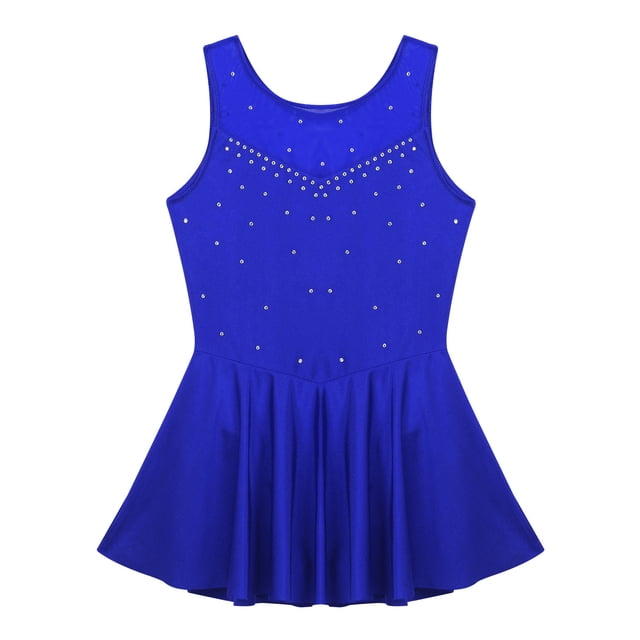 Yeahdor Robe Sans Manches en Strass pour Filles, Patinage Artistique, Danse de Ballet, Gym, Justaucorps avec Jupe Bleu 6