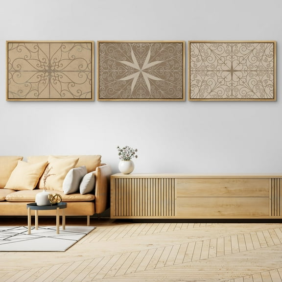 IDEA4WALL Framed Canvas Print Wall Art Set of 3 Ironwork Pattern Beige and Brown Vintage Illustration Wall Decor Retro Symmetrical Design Prints Fine Art Chic Minimal Artwork - 24"x36"x3 Natural