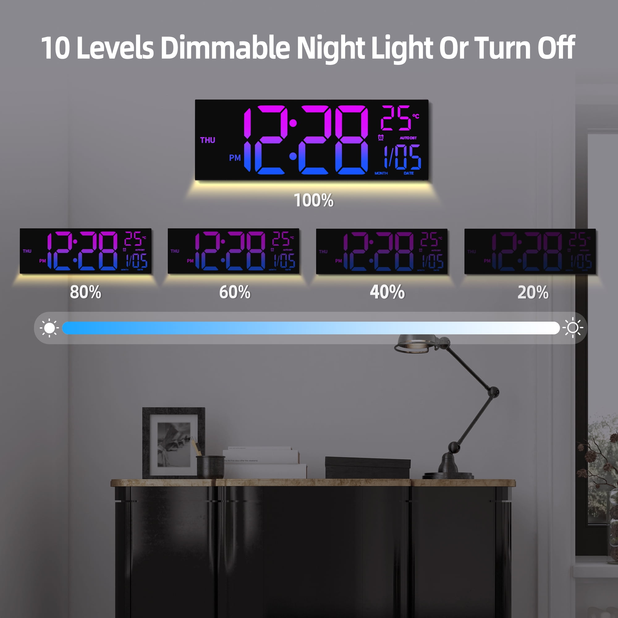 LEIKE 16.2" Large Digital Wall Clock with 8 Colors, 5-Level Brightness Adjustment, Battery Operated, Temperature Display, Big Numbers for Bedroom Office Living Room