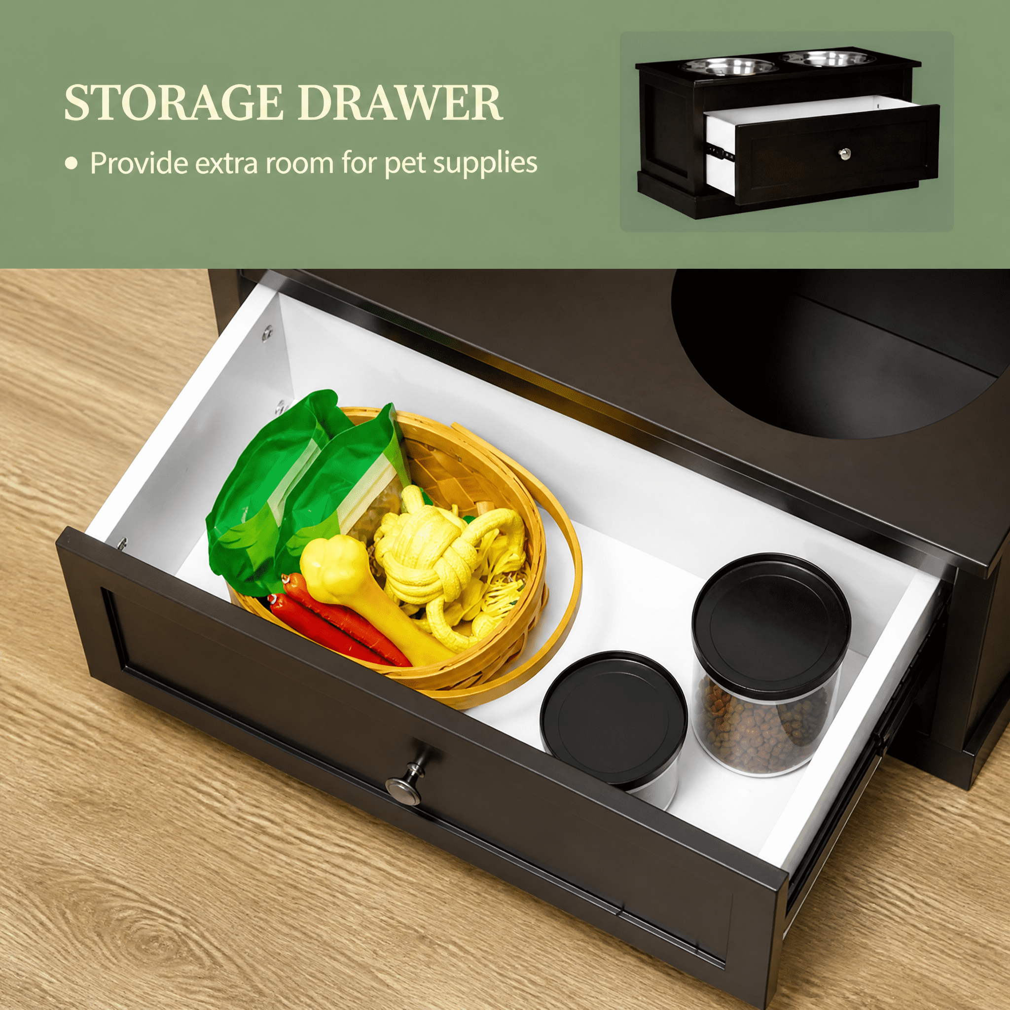 Elevated Dog Bowls with Storage Drawer, Raised Pet Feeder Station with Dishwasher Safe Stainless Steel Bowls, Modern MDF Feeding Stand in Espresso Brown for Large Dogs