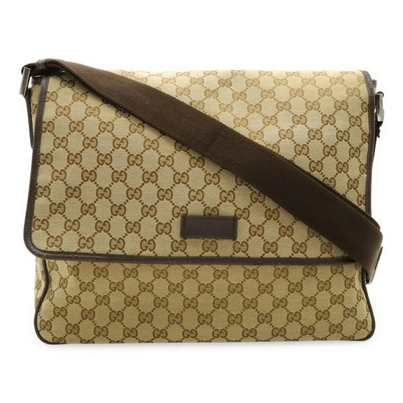 Pre-Owned GUCCI GG Canvas Shoulder Bag, Khaki Beige and Dark Brown, 233052 (Good)