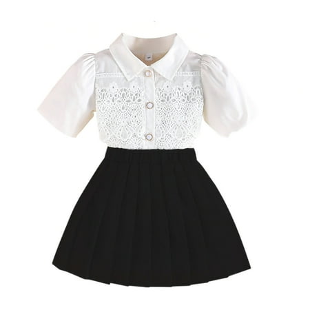 THDHVS Girls Outfits Outfits for Girls Short Sleeve Top and Pleated Skirt Set for Girls Preppy Summer School Outfit and Style 6-7 Years