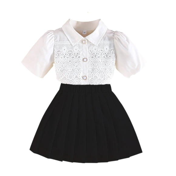 RXMEKW Schoolgirl Style Set with Pleated Skirt for Toddlers and Preschoolers, Short Sleeve Top and Skirt, 2-Piece Outfit