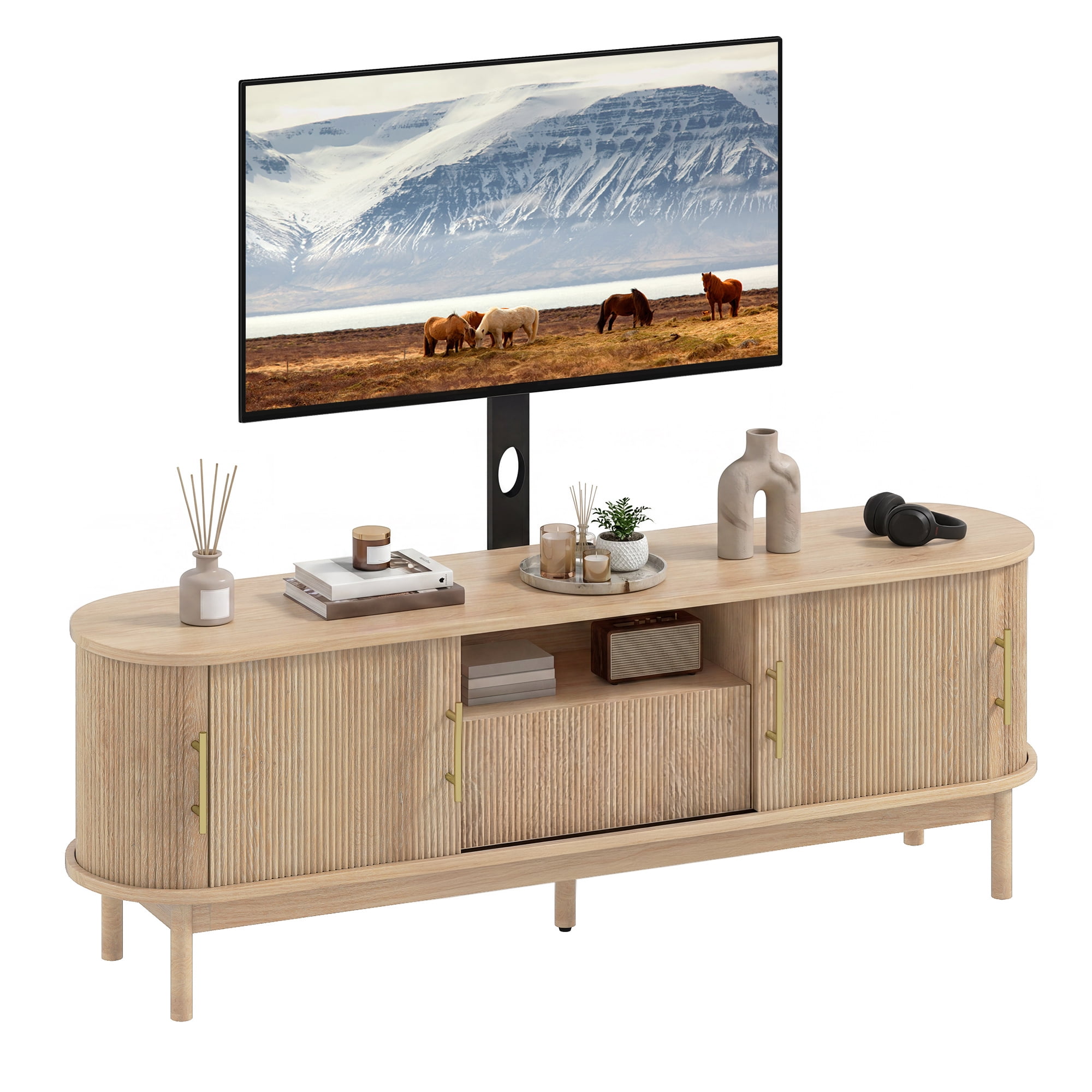 Uforic 66 Inch Natural Oak Fluted Media Console with Adjustable Wall Mount Fits 32-70 Inch TVs for Living Room