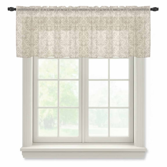 Beige Baroque Valance Curtains for Kitchen/Living Room/Bathroom/Bedroom Window, Rod Pocket Small Topper Half Short Window Curtains Voile Sheer Scarf, Farmhouse Scroll Floral Pattern Art 60"x18"