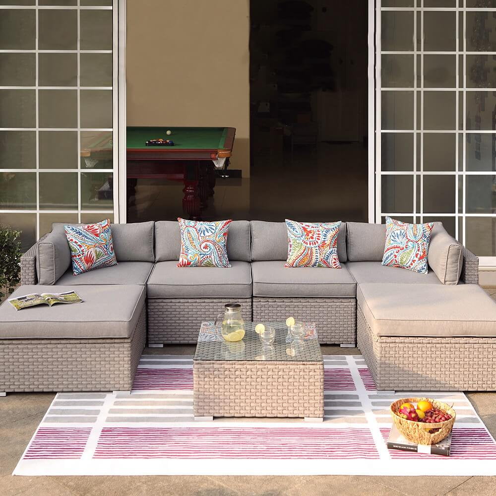 COSIEST 7Piece Outdoor Patio Furniture Grey Wicker Sectional Sofa Set