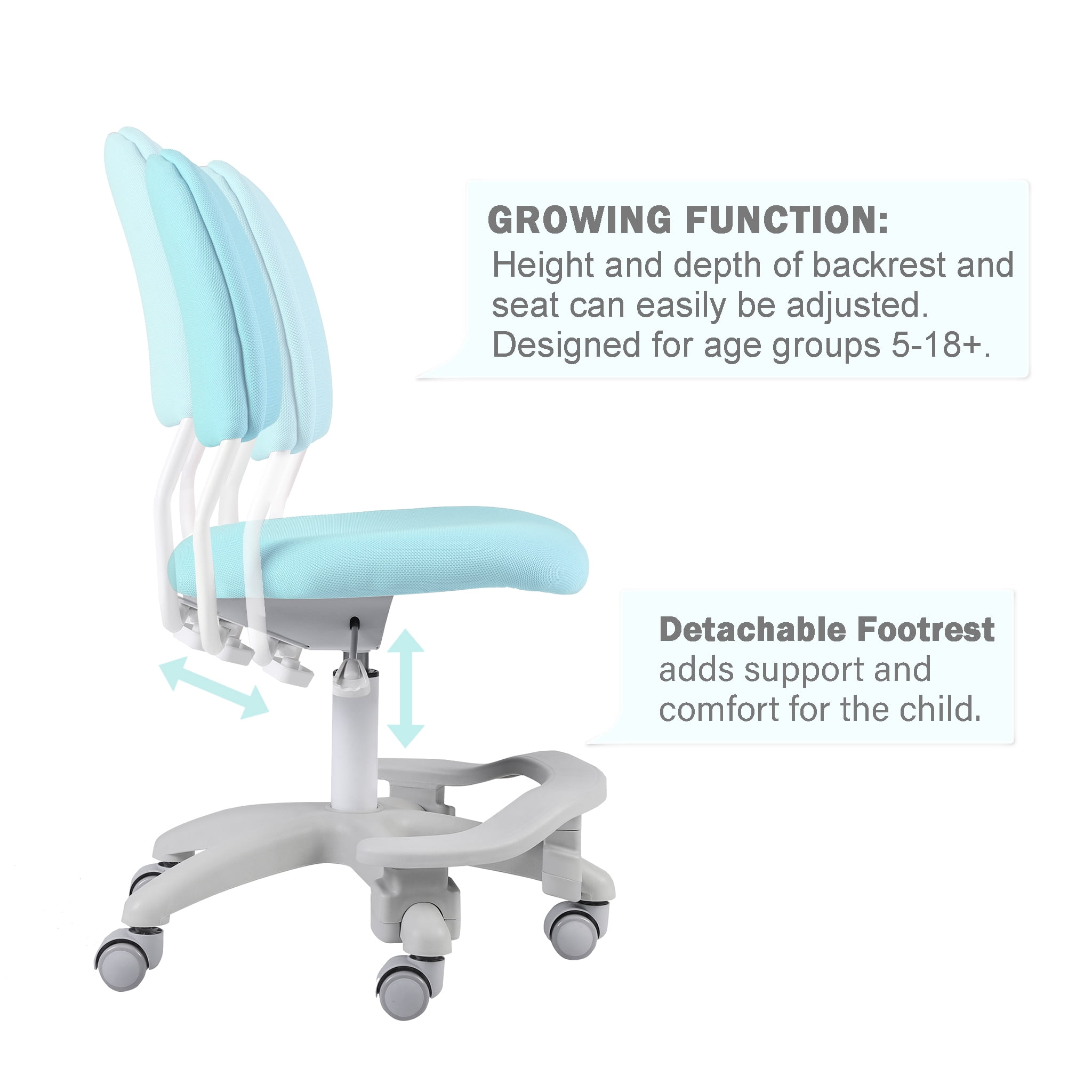Ergonomic Kids Desk Chair, Child's Children Student Study Office Computer Chair, Adjustable Height and Seat Depth, W/Slipcovers, Detachable Footrest and Lumbar Support (Blue, W/Chair Slipcovers)