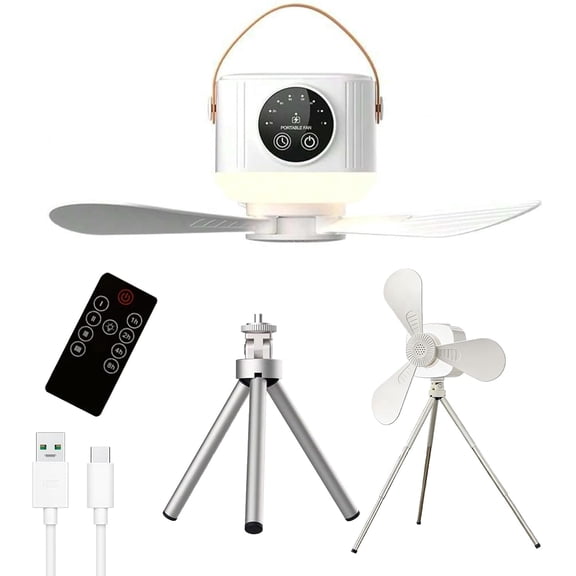 Portable Ceiling Fan with Remote, 7200mAh USB Rechargeable Camping Tent Ceiling Fan with 4 Speed & Timer, LED Light, 360° Adjustable Head for Indoor Outdoor Use, Ceiling/Tripod Mounting, White