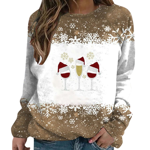 MSJUHEG Chandails à Capuchon pour Femmes T-Shirts Graphiques de Noël Coupe de Vin Flocon de Neige Imprimé Automne/hiver Ample Décontracté Manches Longues Col Rond Pull Chandail à Capuchon Or A