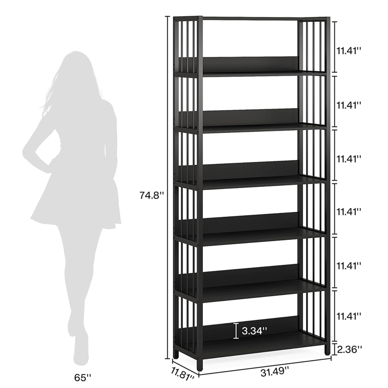 Demi Bonn 6-Tier Open Bookshelf, Wood and Metal Bookcase Storage Organizer, 74" Tall Vintage Display Standing Shelf Unit for Bedroom, Living Room, Black
