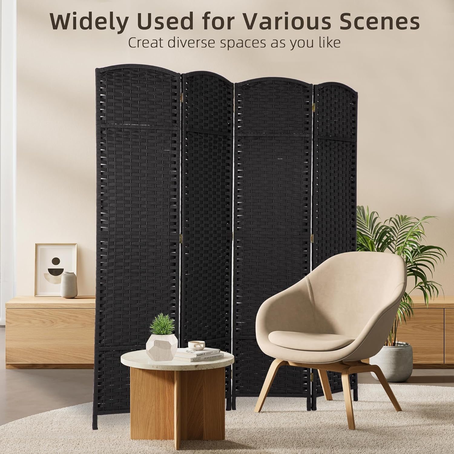 CL.HPAHKL 4 Panel Room Divider, Folding Privacy Screen 5.57 FT Tall Portable Wooden Wall Divider, Black