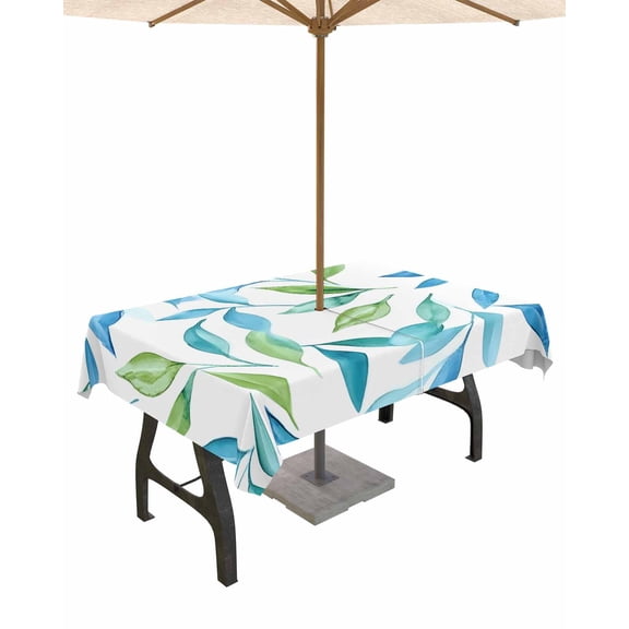 Boanket Outdoor Tablecloth with Umbrella Hole for Patio/Picnic/Party/Camping, Blue Green Botanical Waterproof Table Cloth Rectangle Table Cover Washable, Summer Leaf Watercolor (54"x 80")