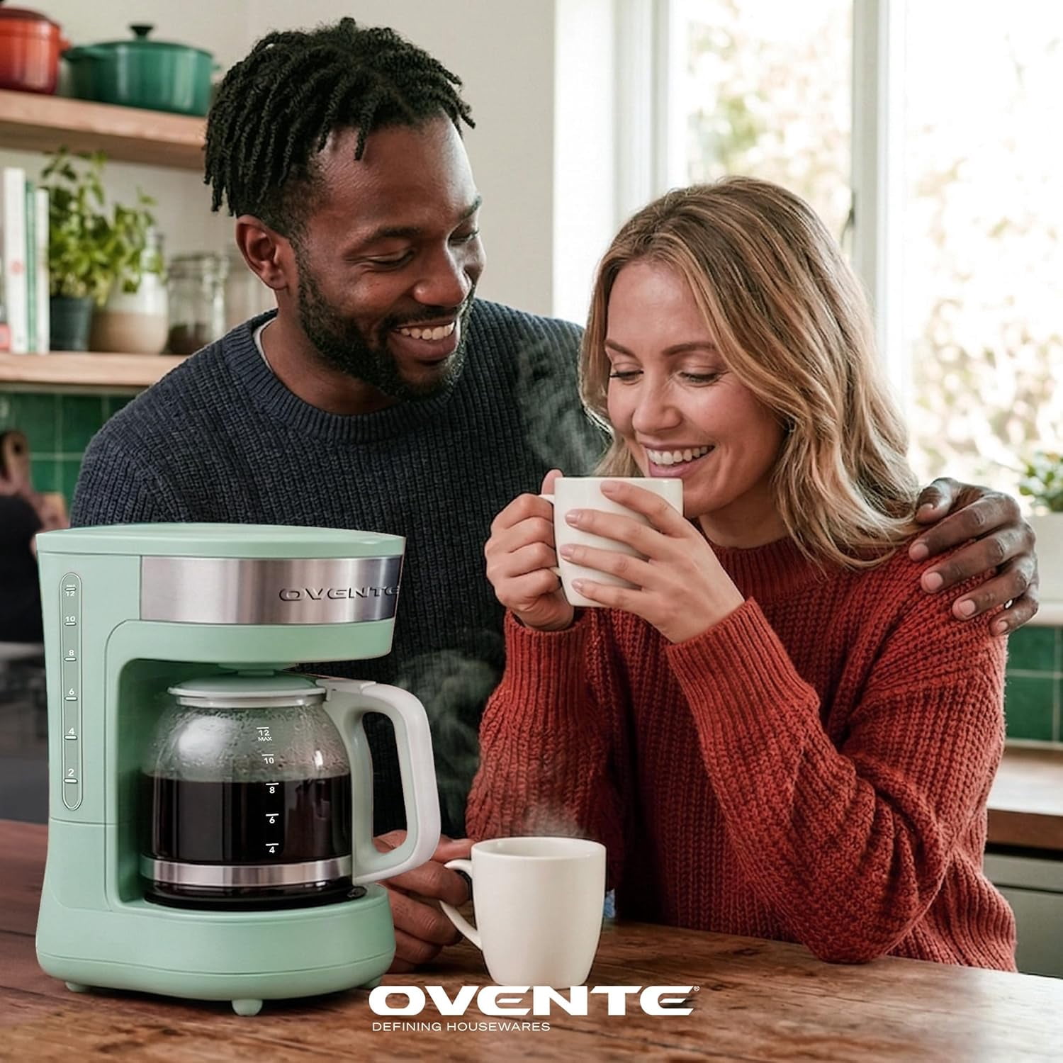 OVENTE 12-Cup Drip Coffee Maker with Borosilicate Glass Carafe, One-Touch Operation Machine, Anti-Drip System, Reusable Filter and Clear View Water Gauge, Ideal for Home or Office, Light Teal CM412LB