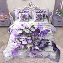 Homewish Dreamy Purple Butterfly Bedding Comforter Set 7pcs, Romantic Valentine's Day King Bedding Sets, Vintage Oil Printing Reversible Bed Sheets, Breathable Home Decor
