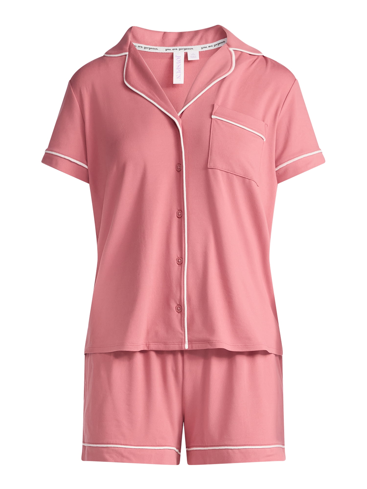 Joyspun Women’s Dreamy Soft Collection Notch Collar Knit Top and Boxer Shorts Pajama Set, Sizes XS-3X