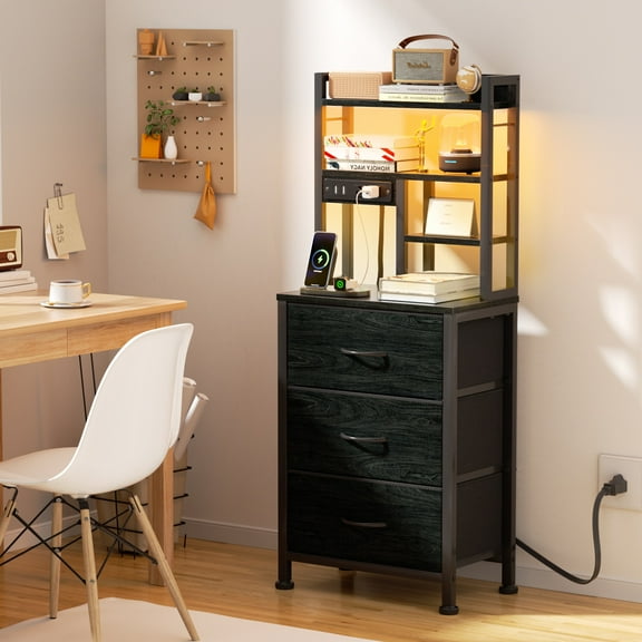 Satifur Tall Nightstand with Charging Station and LED Lights, Bedside Table with Drawers and Bookshelf, Black