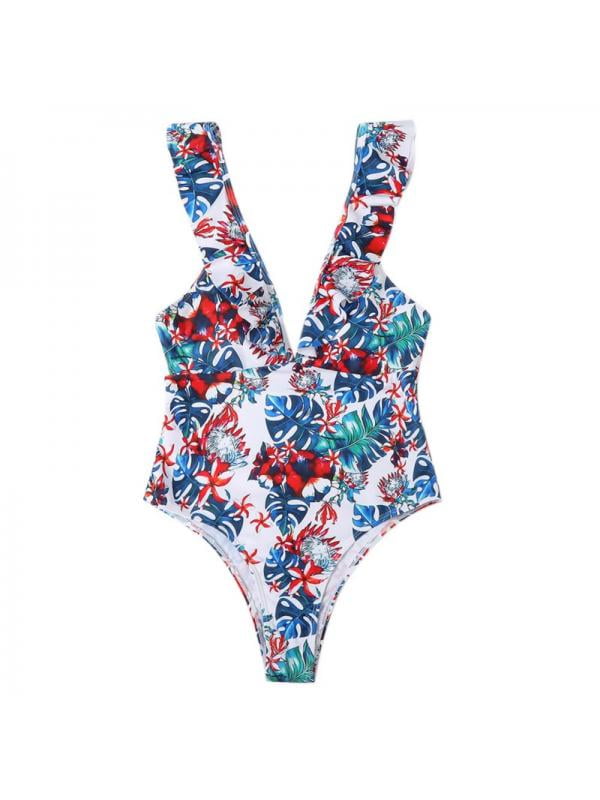 Luxsea Women's Deep V One Piece Swimsuit With Ruffle Collar Printing