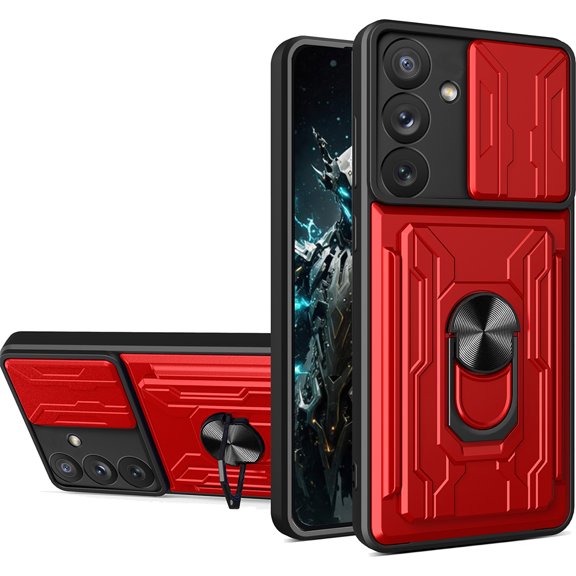 CCSmall for Samsung Galaxy S23 FE Case (S23) with Slide Camera Cover, Heavy Duty Protective with Ring Kickstand & Card Holder Cell Phone Case for Samsung Galaxy S23 FE LJK Red