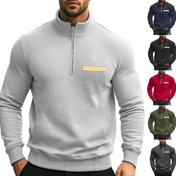 Men's Quarter Zip Pullover Sweatshirt, Stand Collar Fleece Lined Casual Winter Fall Solid Top with Pocket for Daily Use and Outdoor Leisure,Army Green,L